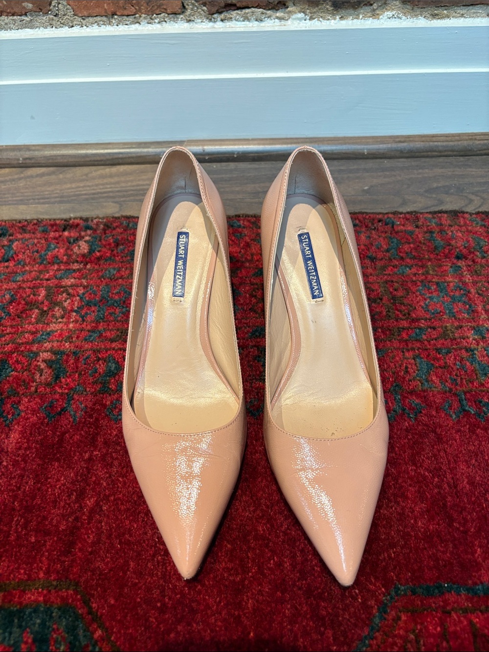 Stuart Weitzman Laney Pointed-Toe Block Heel Pumps in Blush Pink (Size 41)